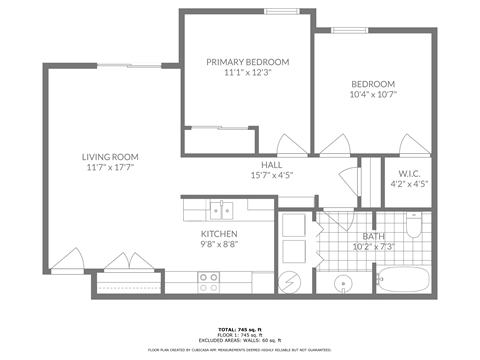 Floor plan for 2 beds, 1 bath, 921 sqft
